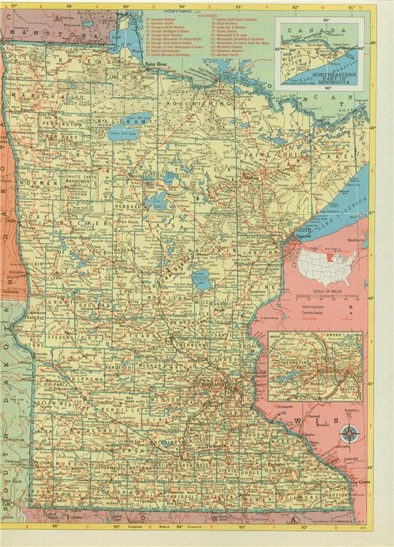 HISTORIC 1952 MINNESOTA RAILROAD MAP SHOWS & LIST ALL MN RR’s + MN RR PRINT