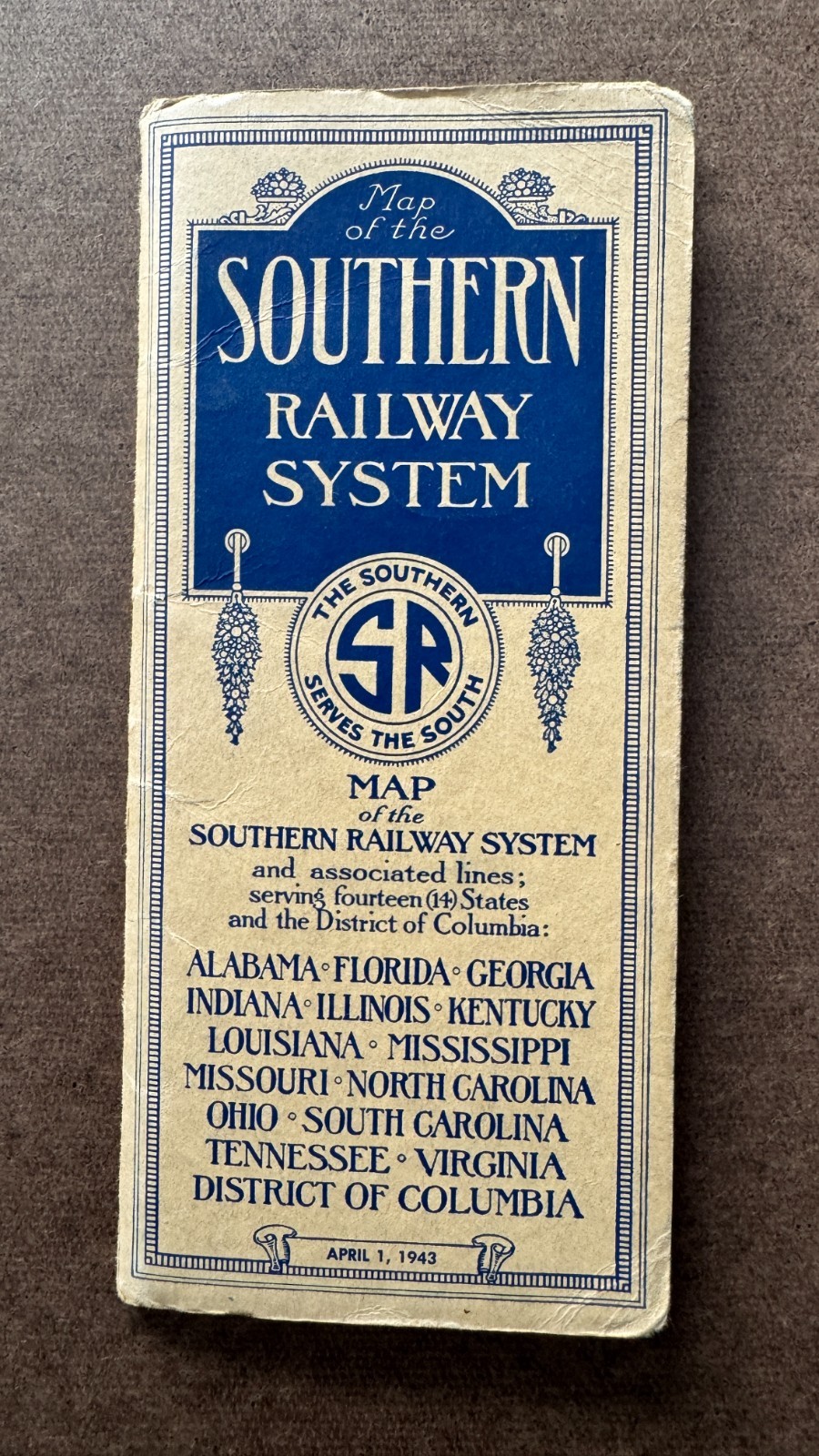 Vintage April 1943 Map of the Southern Railway System Railroad RR Train