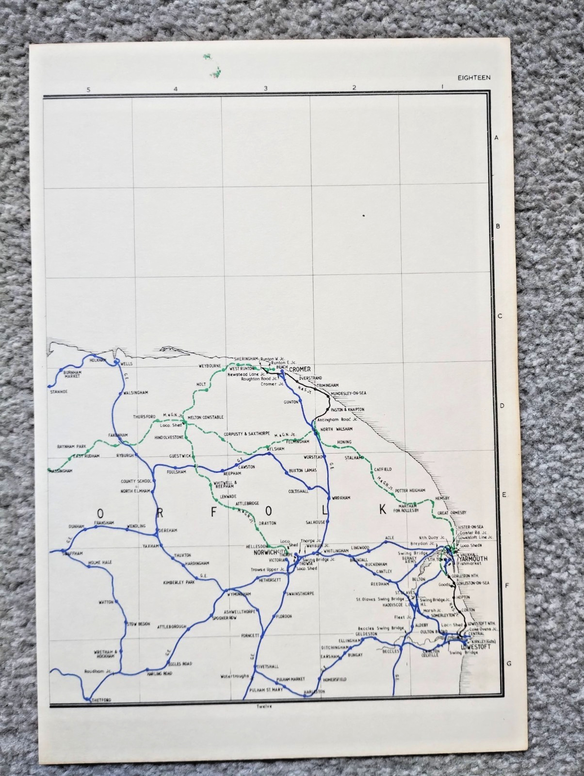 Vintage 1976 map showing Pre Grouping Rail Lines of Norfolk