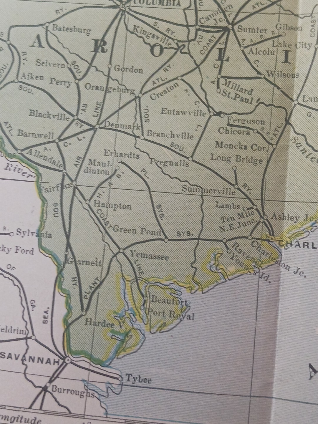 1905 Train Route Map North & South Carolina ALL old Railroad Lines Towns 11×9″