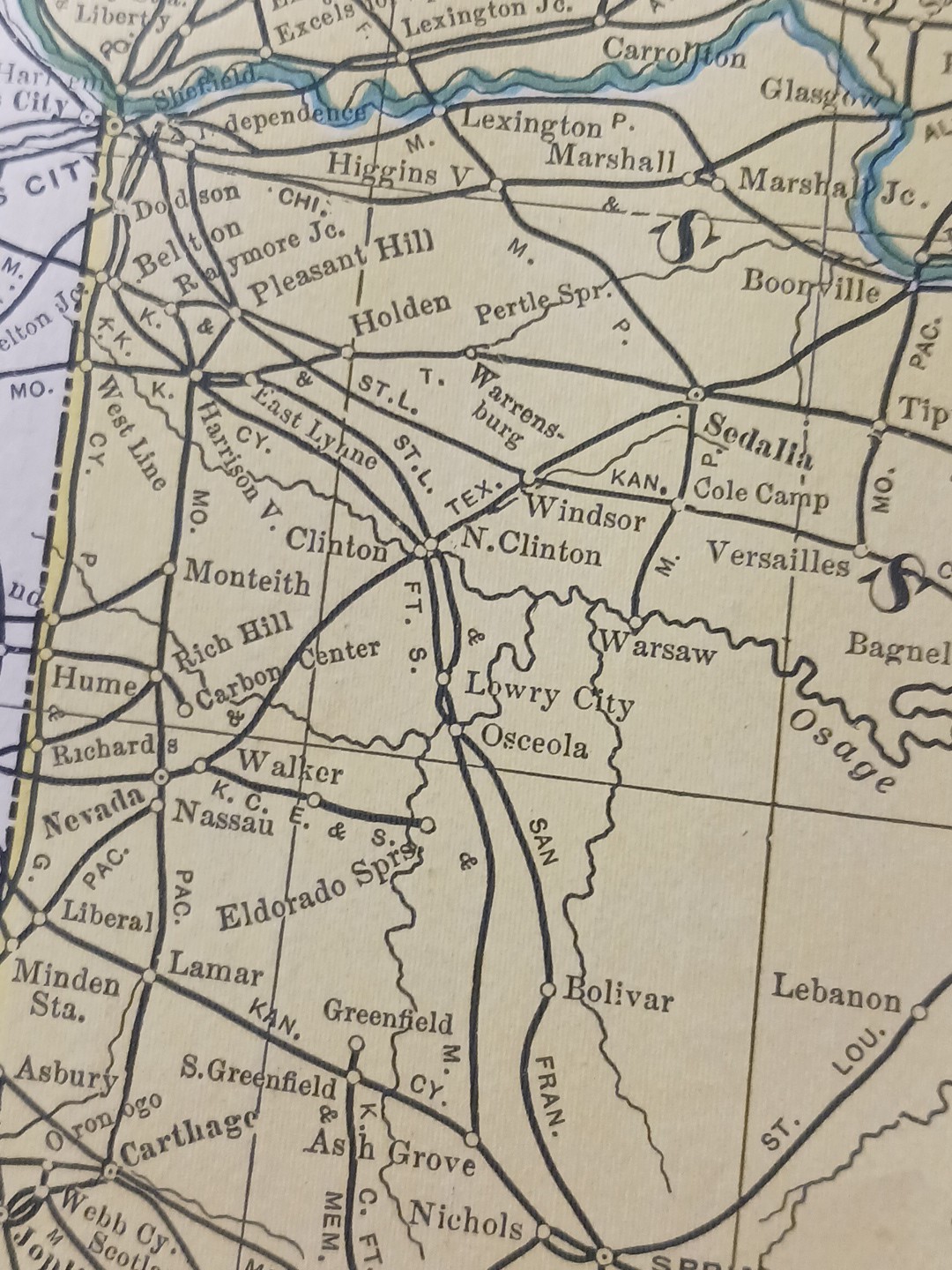 1905 Train Route Map IOWA & MISSOURI all Railroad Lines marked 11″x9″ Stations
