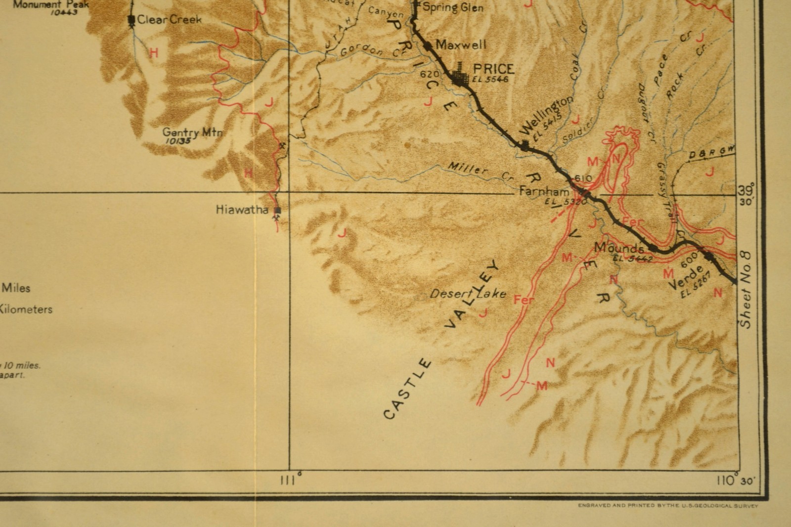 1922 Antique Denver Rio Grande Railroad Map Spanish Fork Utah Price Castlegate