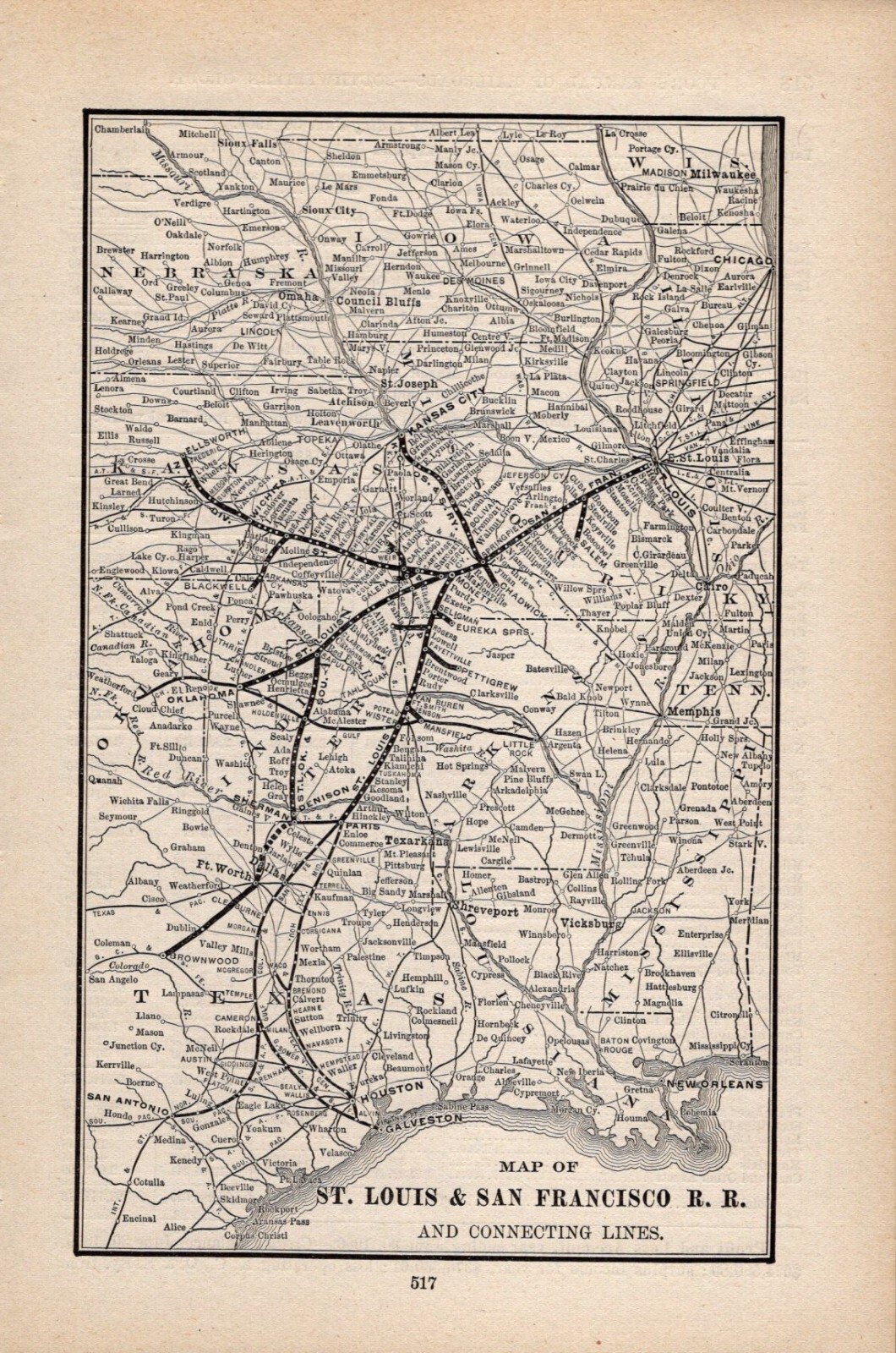 1901 St. Louis & San Francisco Railroad Vintage Railroad Map 1383