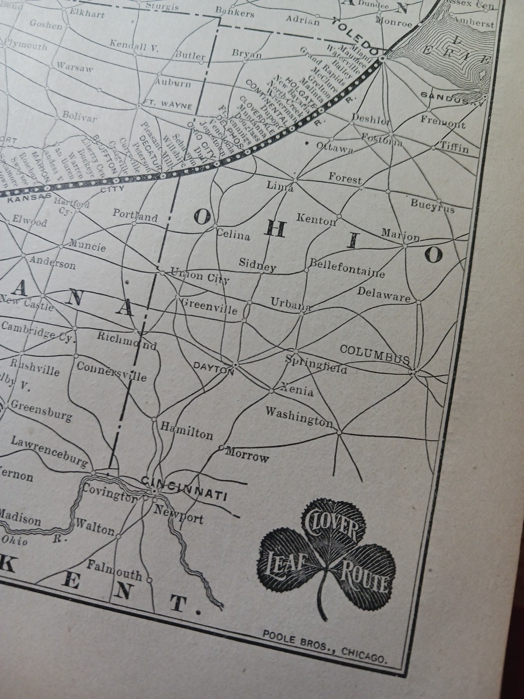 1897 Train Route Map TOLEDO ST LOUIS & KANSAS CITY RAILROAD Clover Leaf Rt OH IL