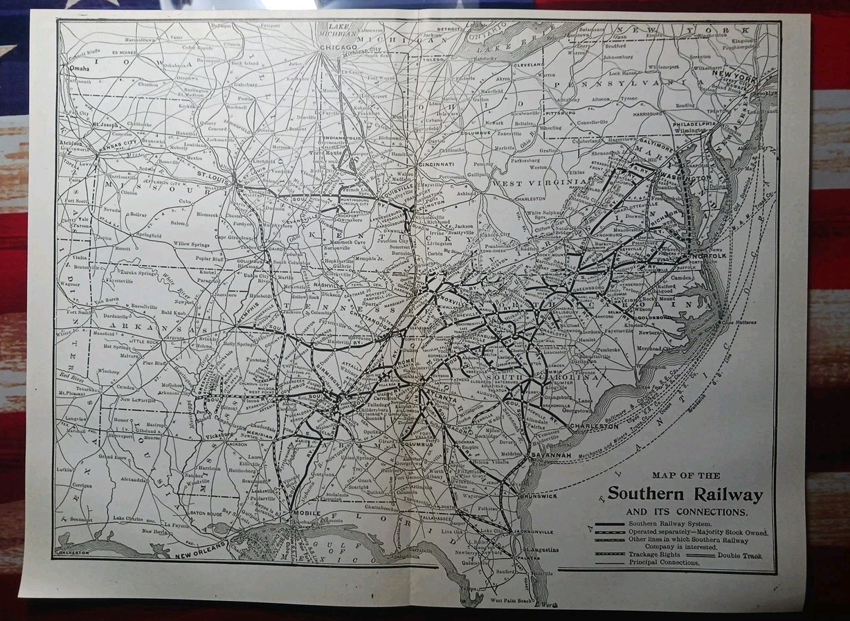 ~1910 railroad Map SOUTHERN RAILWAY and Connections ALL Train routes 9×11″