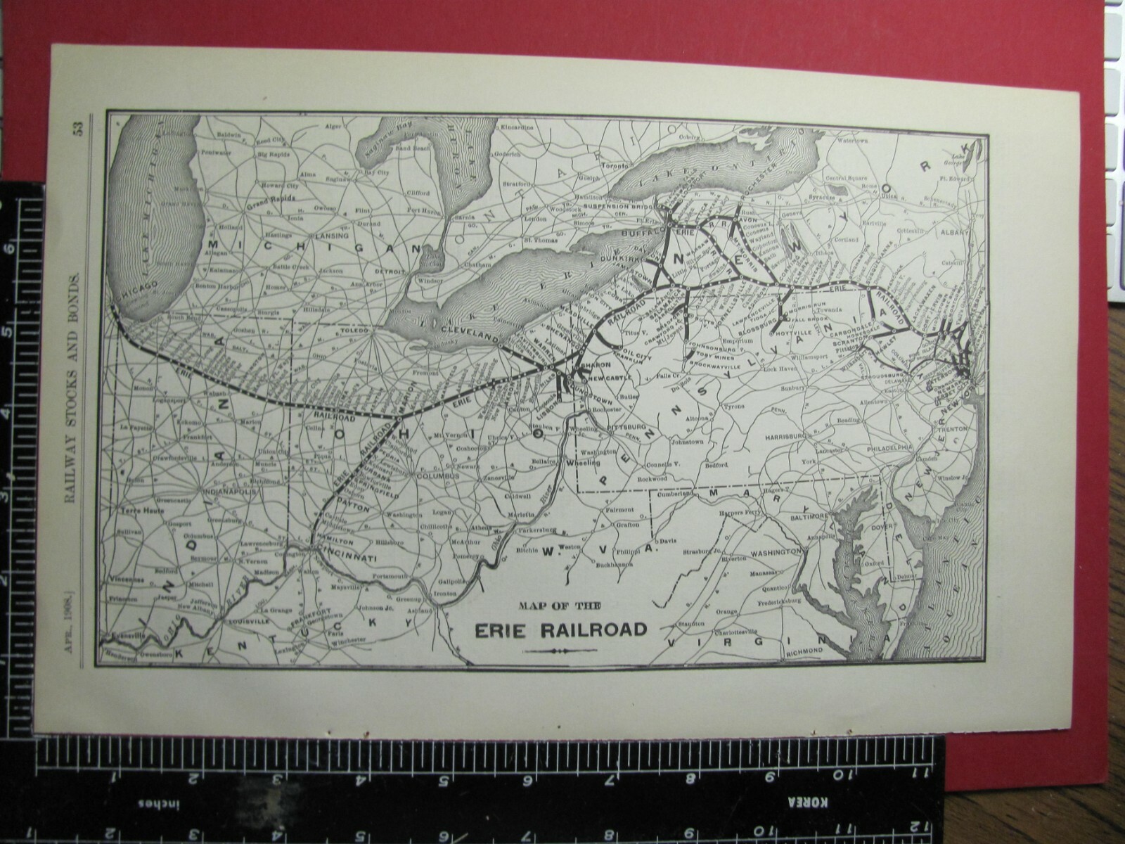 ORIG 1908 ERIE RAILROAD SYSTEM MAP RR ROUTE in NY PN OH IN IL
