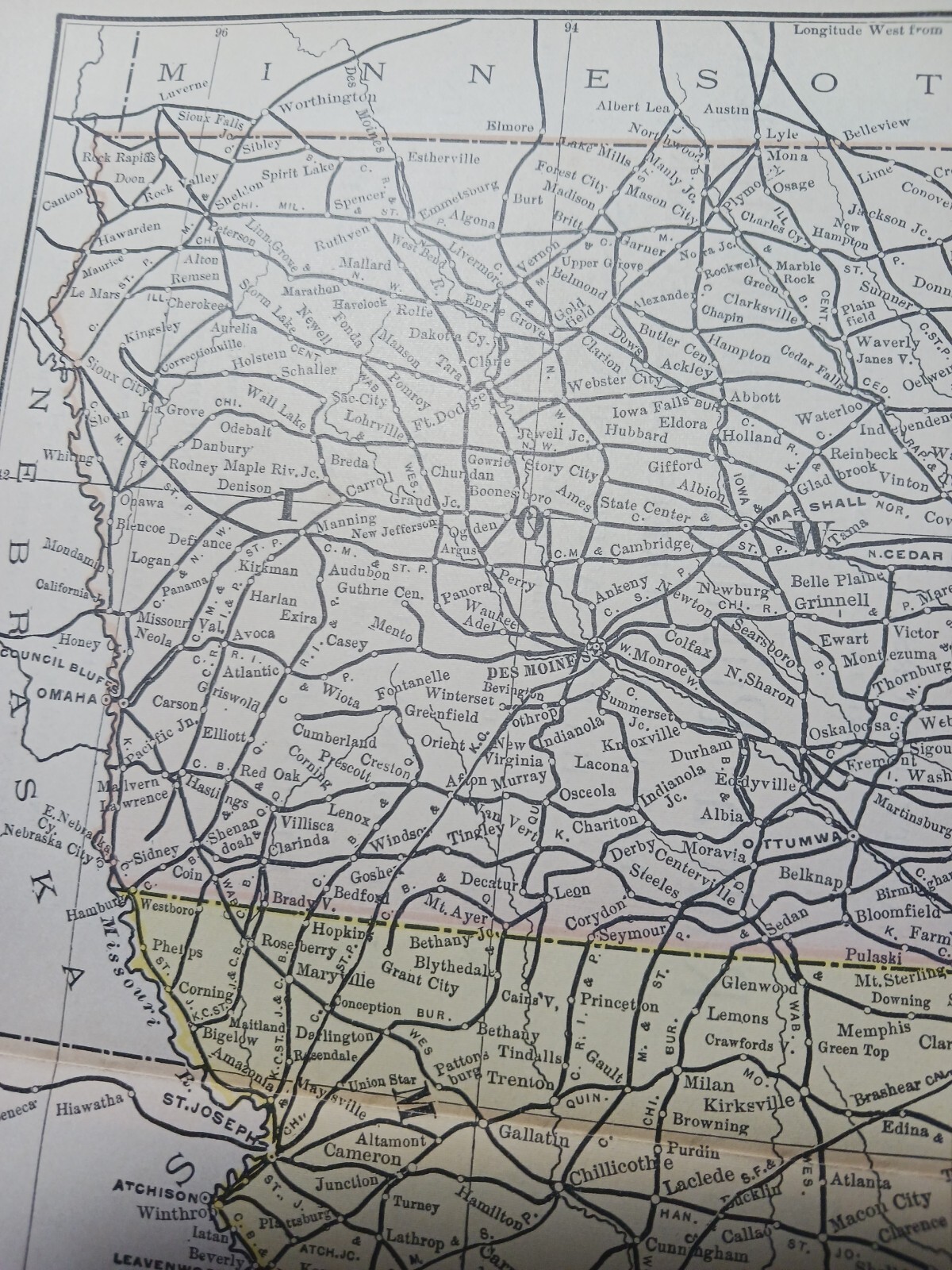 1889 Original railroad map IOWA Missouri All Train Routes 11″x9″ Town Stations