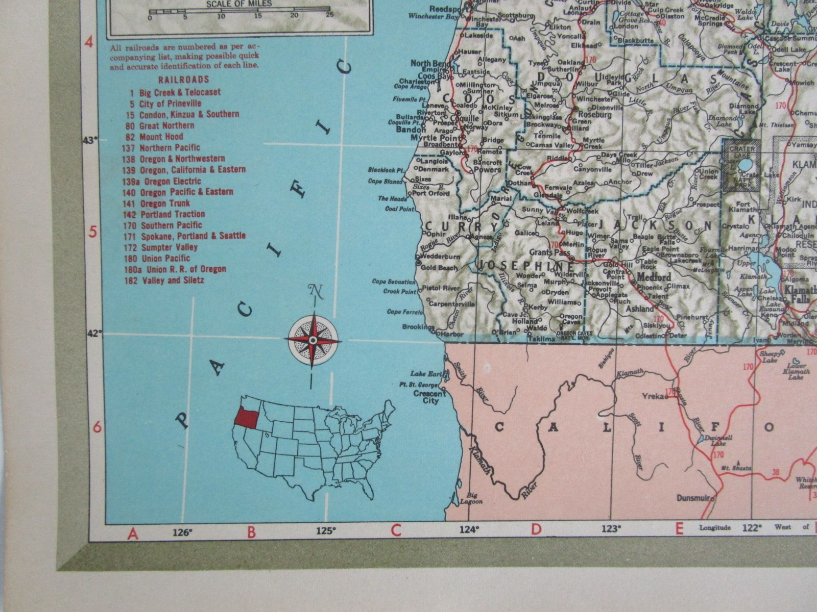 OR OK Vintage 1951 OREGON RAILROAD MAP. SUMPTER VALLEY RR or OKLAHOMA. OSAGE RR