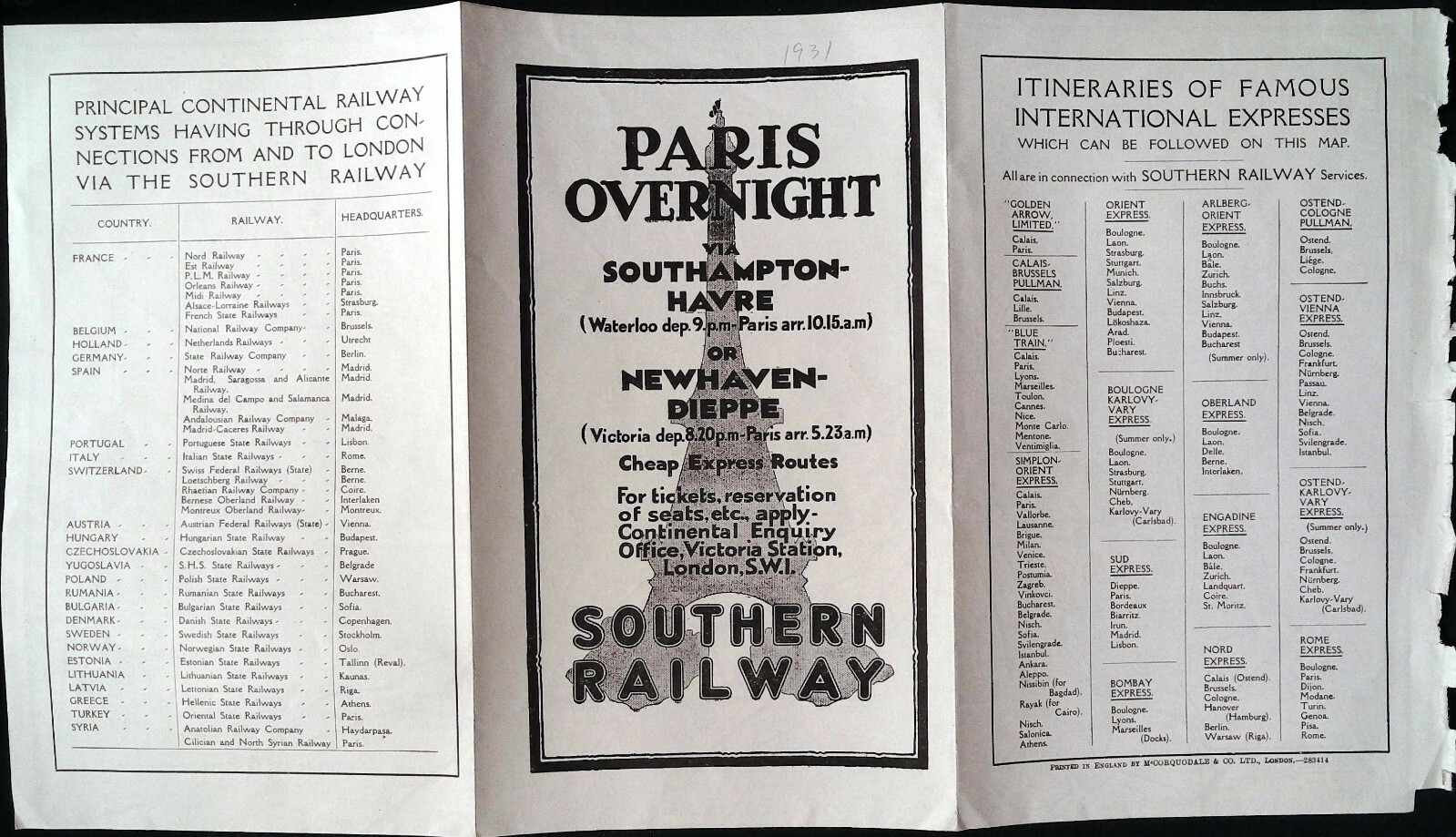 1931 Southern Railway Paris Overnight via Southampton Havre Map