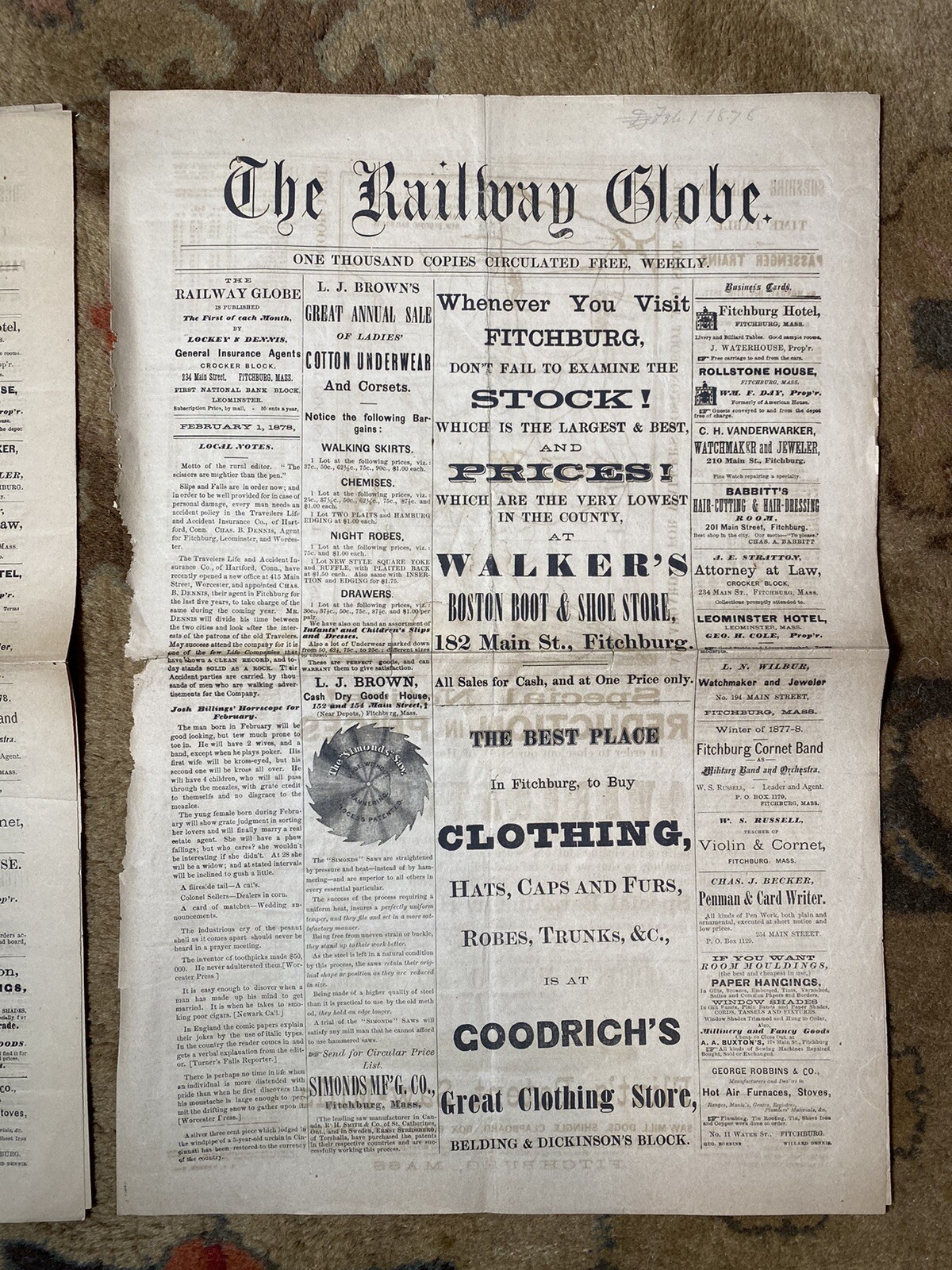 Antique 1878 The Railway Globe Newspapers Lot Fitchburg MA Old 1870’s Train Map