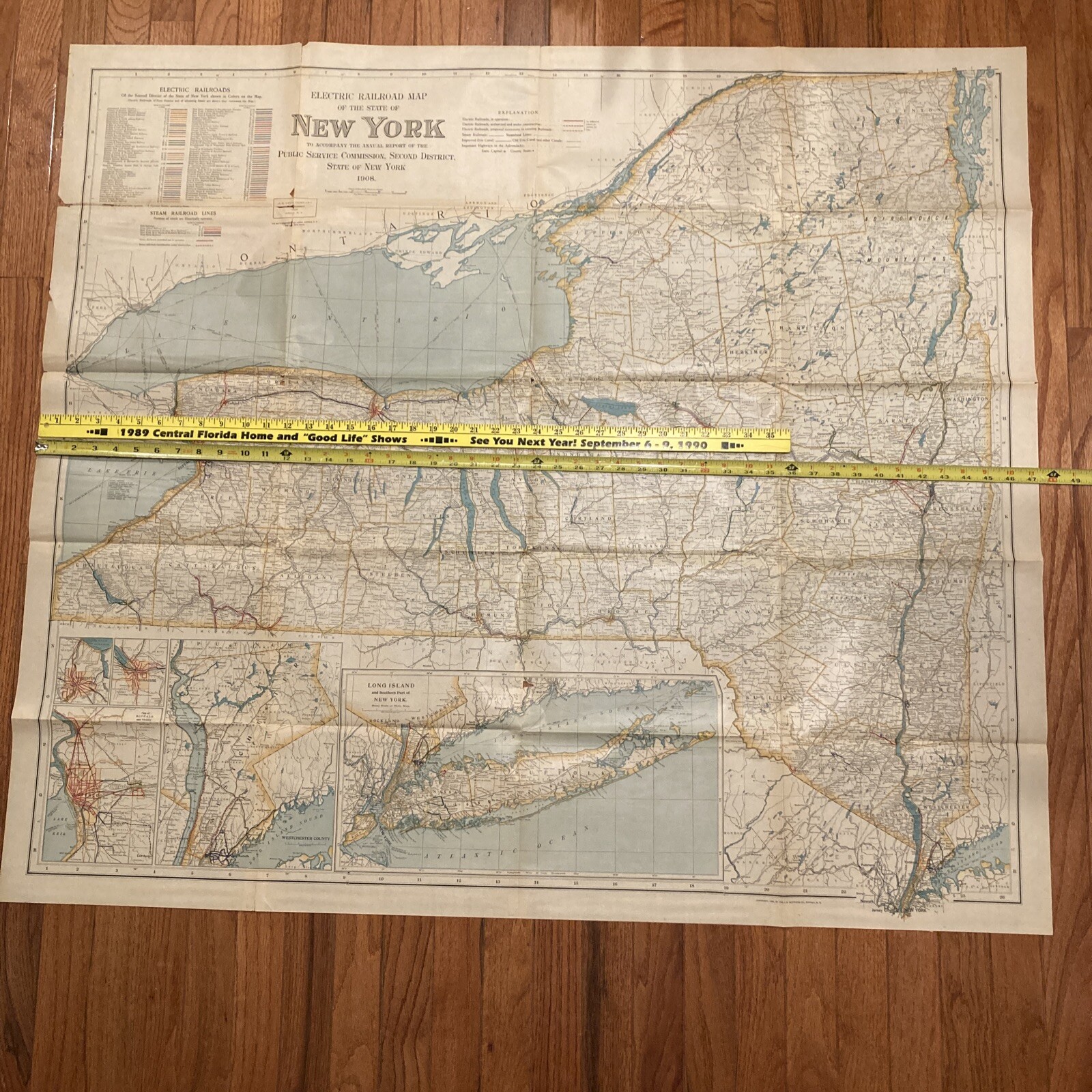 Original 1908 State of New York Electric Railroad Map 47.25″ x42″