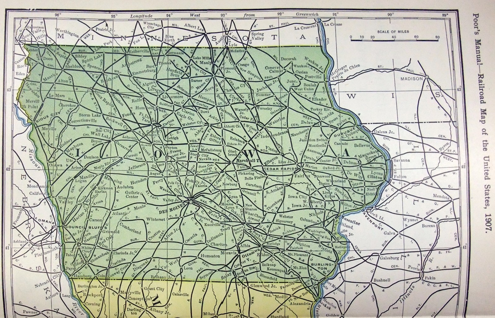 Iowa & Missouri – Original 1907 Railroad Map. Antique