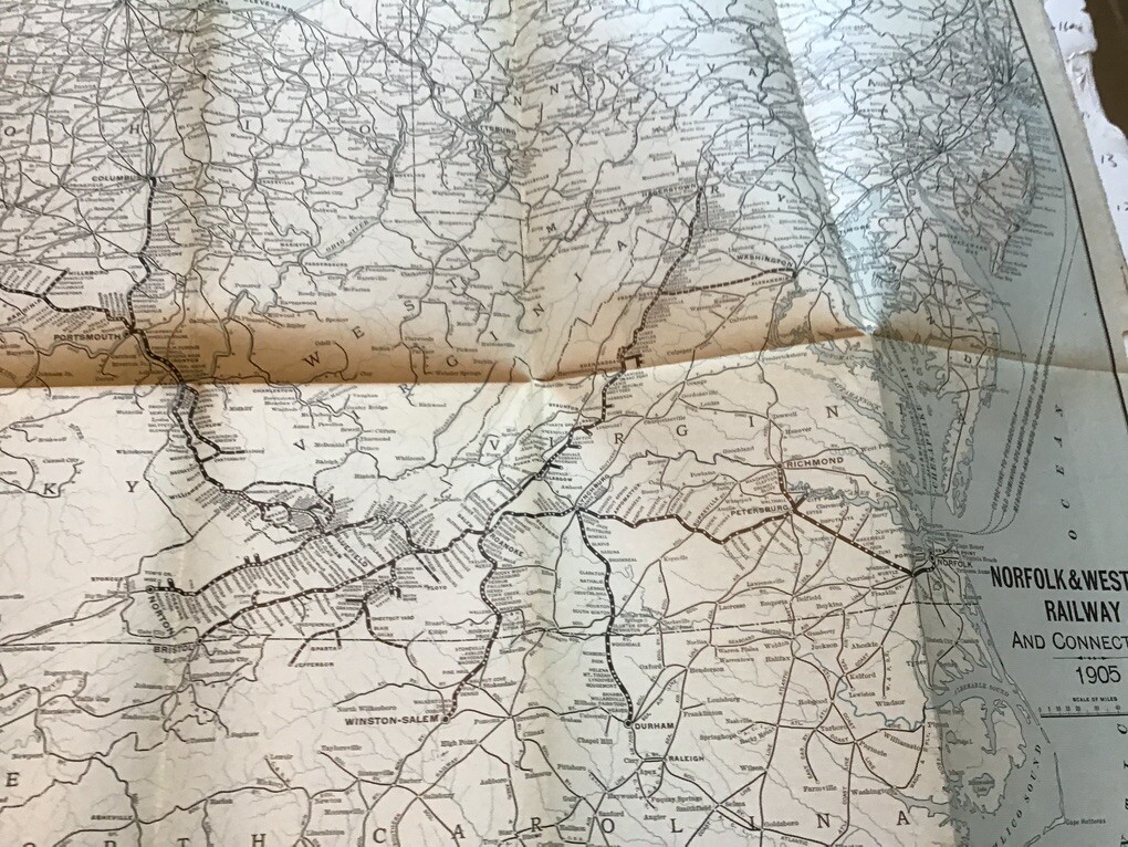 vintage railroad map: 18×24″ NORFOLK & WESTERN Railway dec 1905