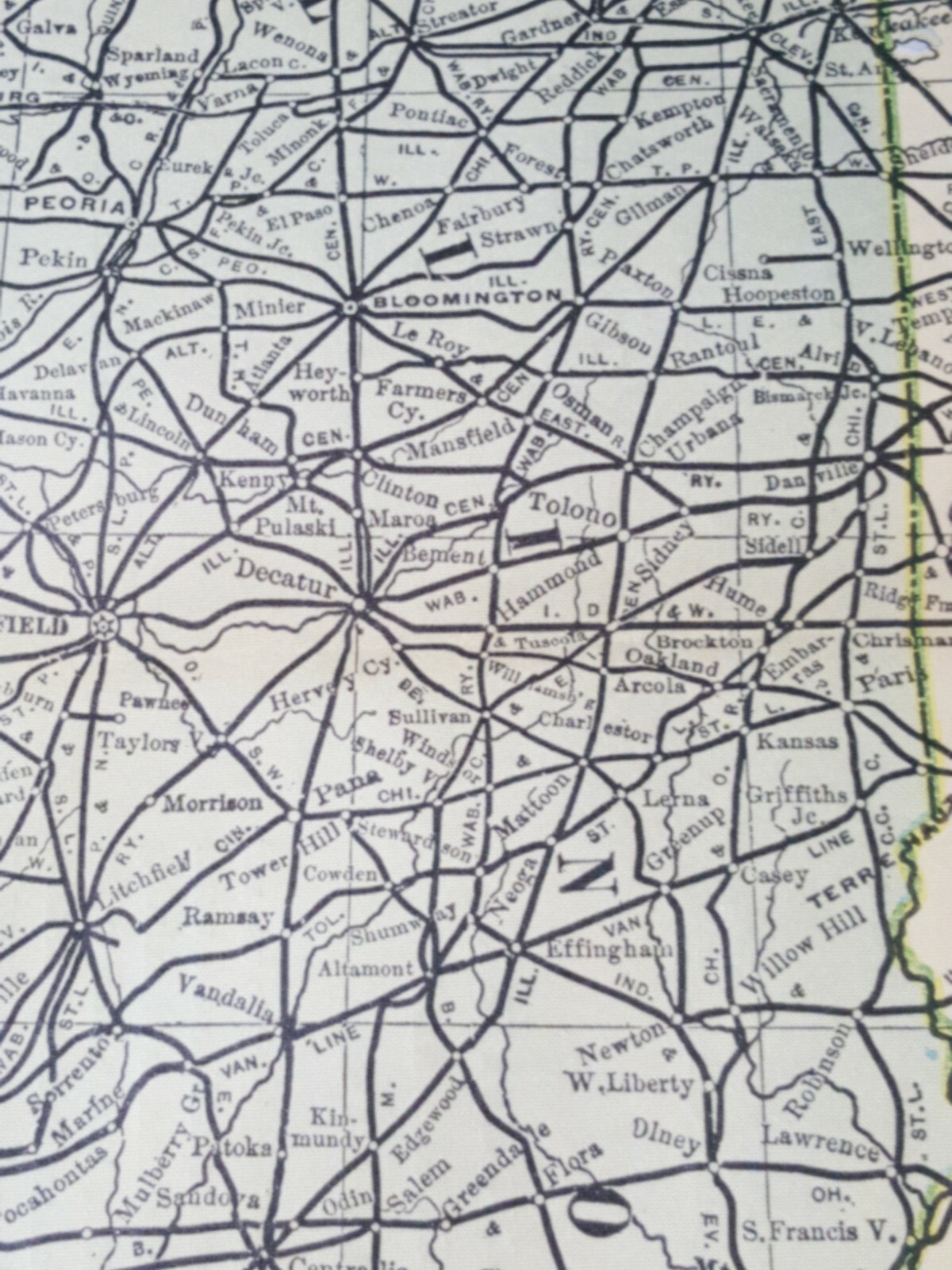Original 1898 dated INDIANA ILLINOIS railroad map stations & train routes 11″x9″