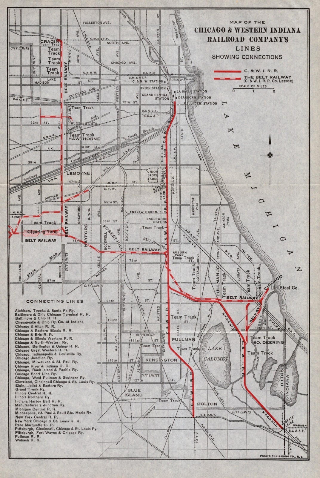 1920 Antique Chicago & Western Indiana Railroad Map Atchison Wabash & More 2938