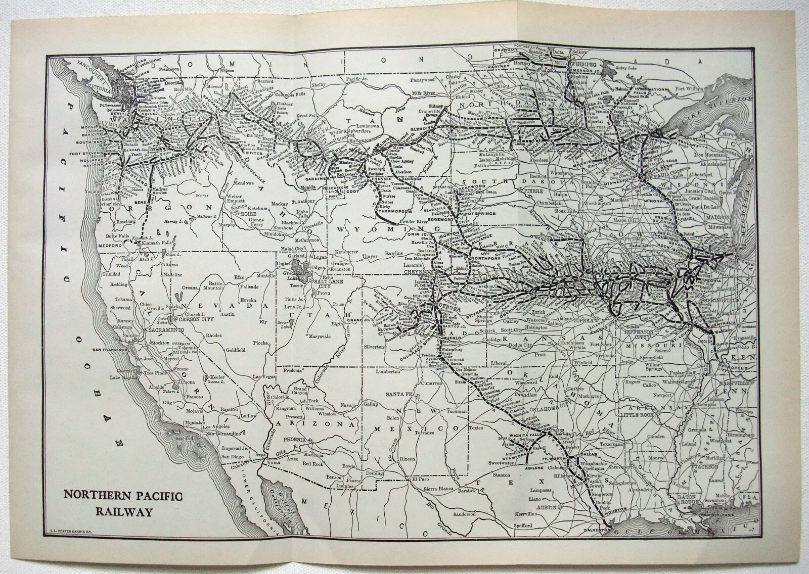 Northern Pacific Railway – Original 1914 System Map. Antique Railroad