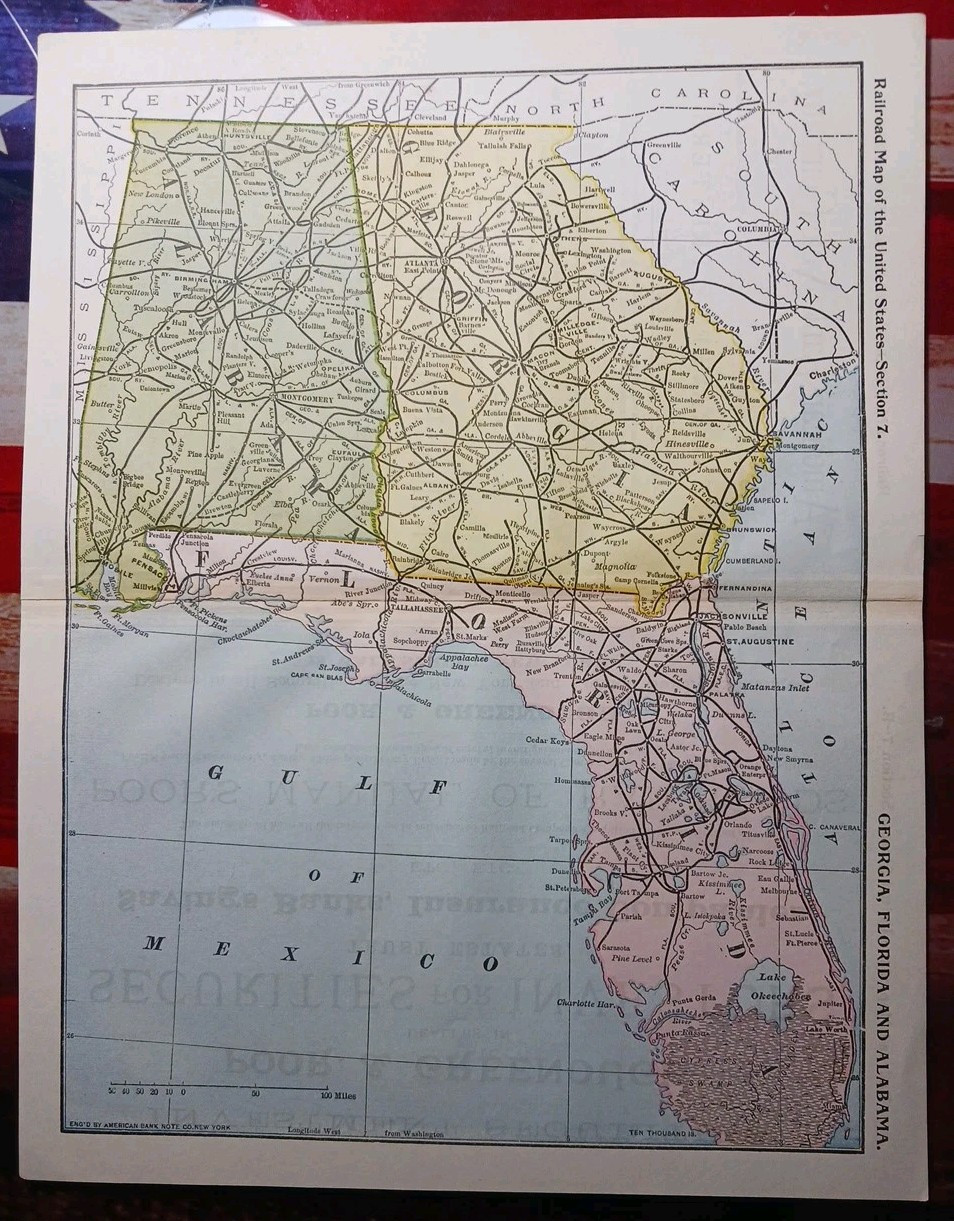 ~ 1897 Train Route Map Alabama FLORIDA Georgia ☆ all Railroad Lines Marked 9×11