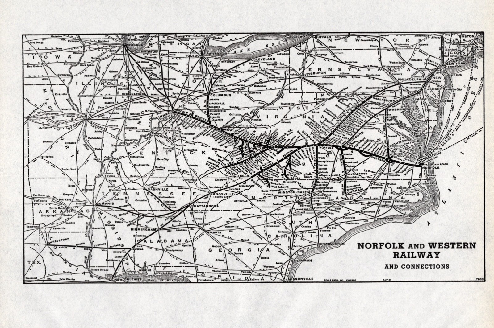 1938 Antique NORFOLK and WESTERN Railway Map Vintage Railroad Map #1951
