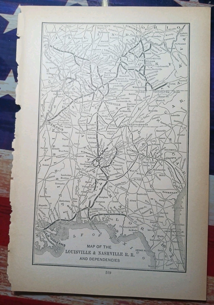 ~1895 Antique Route Map LOUISVILLE & NASHVILLE RAILROAD all Lines Stations Depot