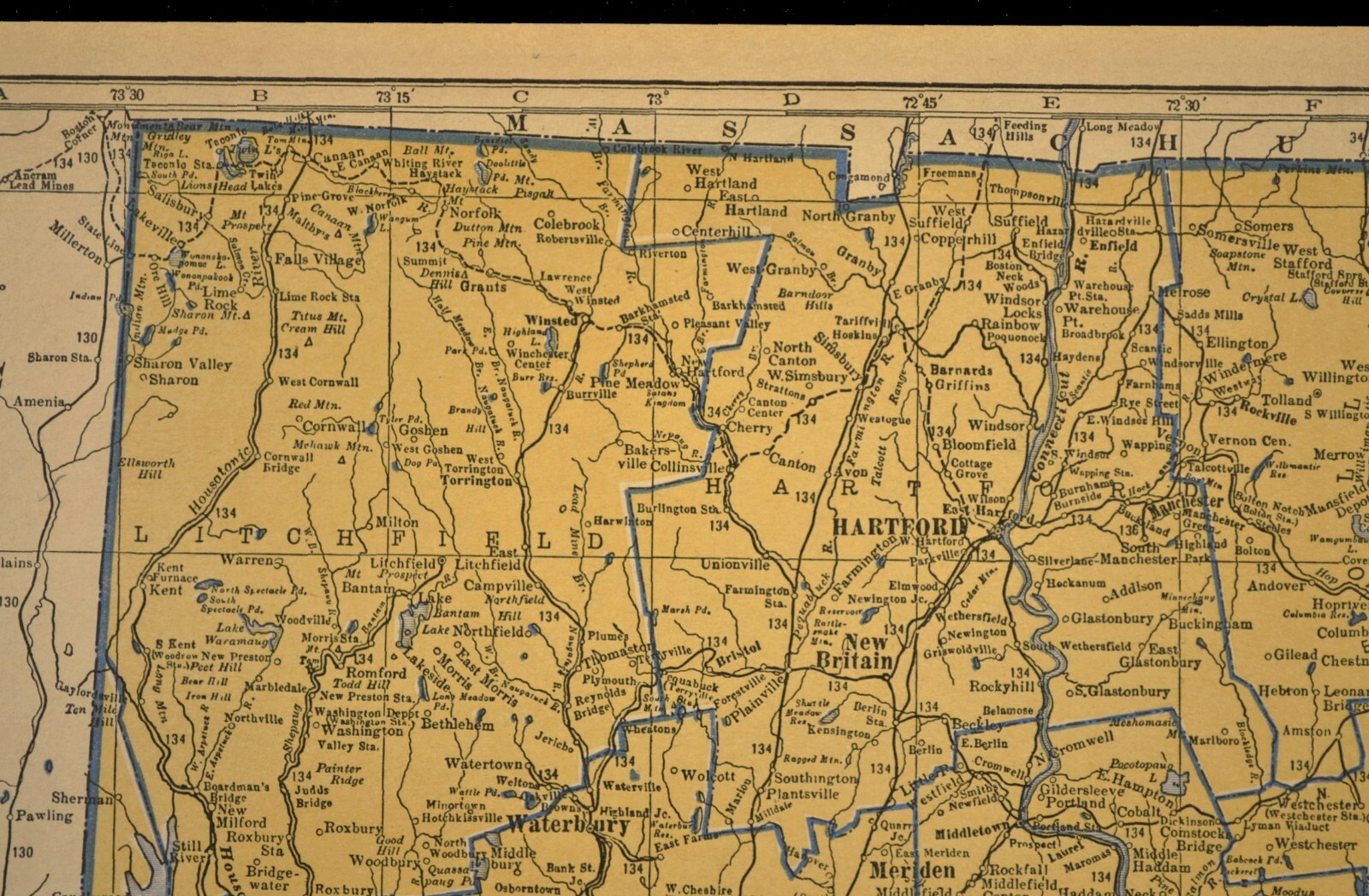 ca1939 CONNECTICUT Railroad Map Depot Towns Historic NH RR Original Atlas Map
