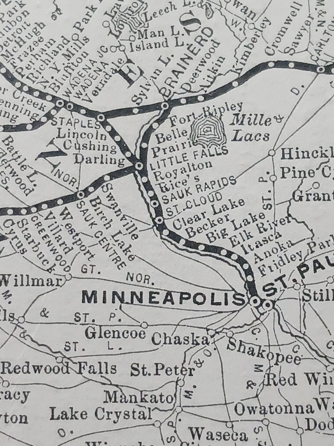 1897 dated Train Route Map NORTHERN PACIFIC RAILWAY Eastern Section Dakota MN WI