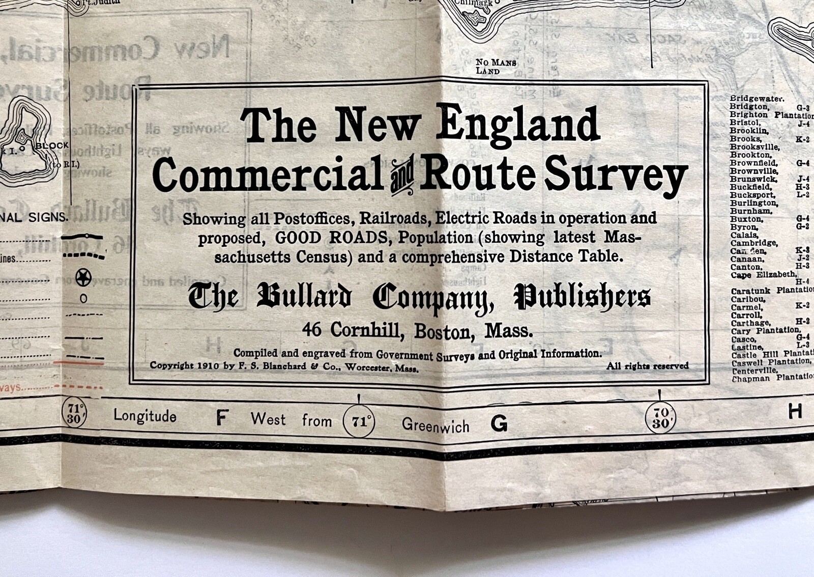 1910 NEW ENGLAND COMMERCIAL & ROUTE SURVEY MAP Towns Populations Rail Fishing