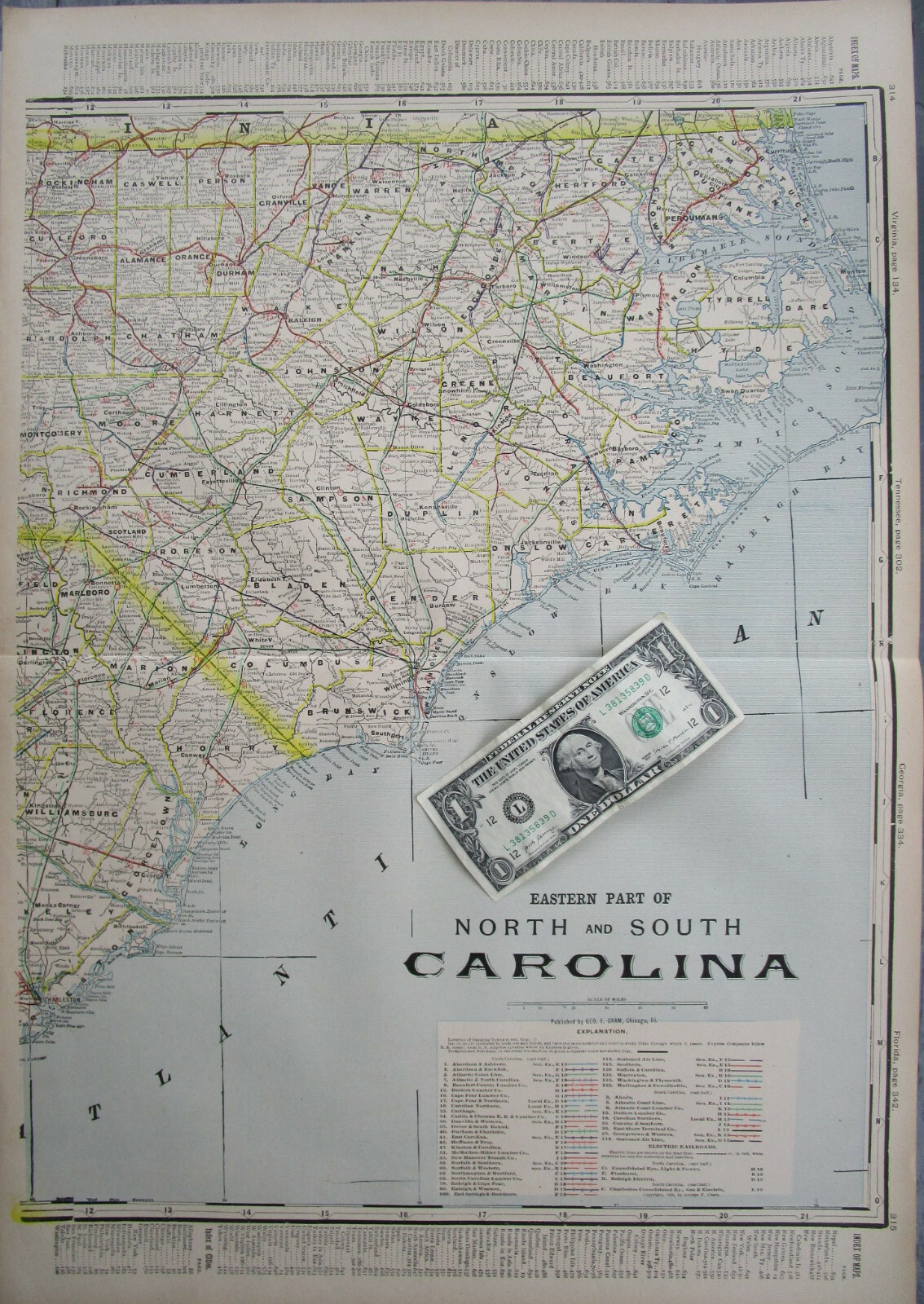 NC SC 1903 EASTERN NORTH / SOUTH CAROLINA Cram INTERURBAN + STEAM RAILROADs Map.