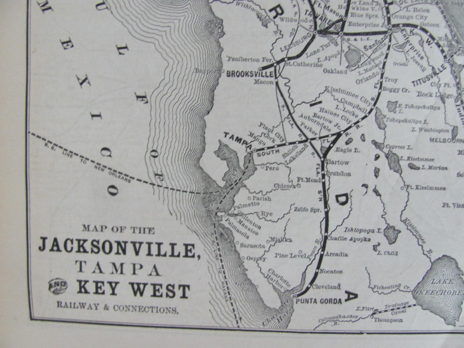1890 SEPT JACKSONVILLE TAMPA & KEY WEST RAILROAD ORIGINAL SYSTEM MAP STATIONS
