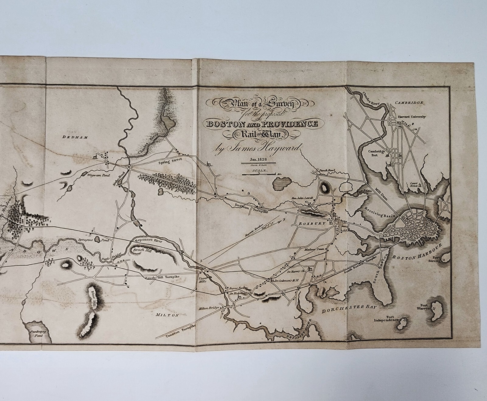 Antique 1828 Boston & Providence B&P Railroad Map Proposed Railway Route Survey