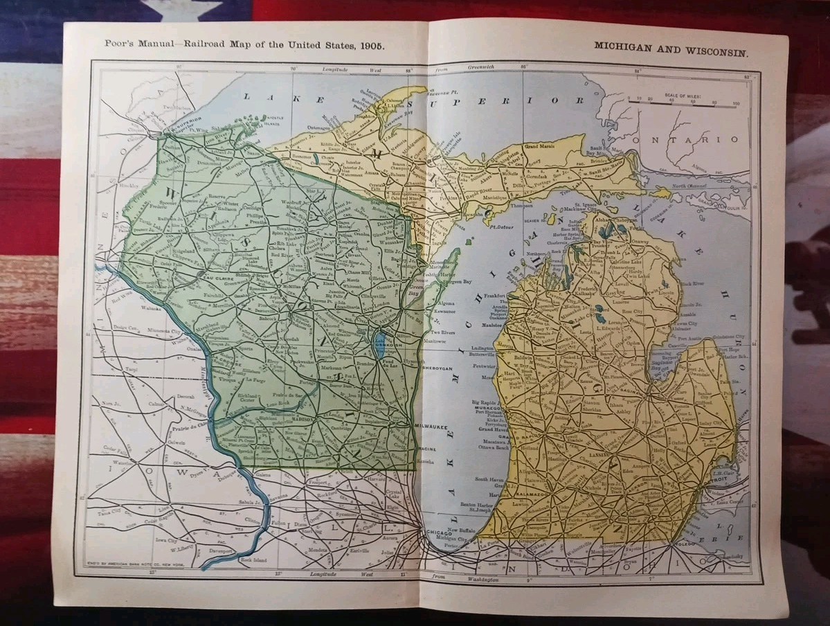 1905 Train Route Map MICHIGAN & WISCONSIN all Railroad Lines Stations 11″x9″