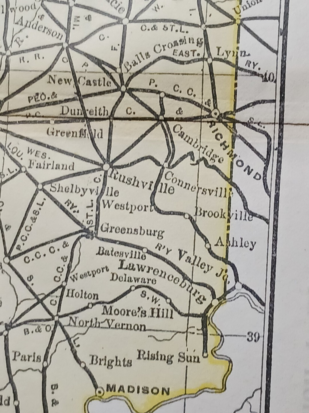 ~ 1897 Train Route Map ILLINOIS & INDIANA ☆ all Railroad Lines & Stations 9×11″