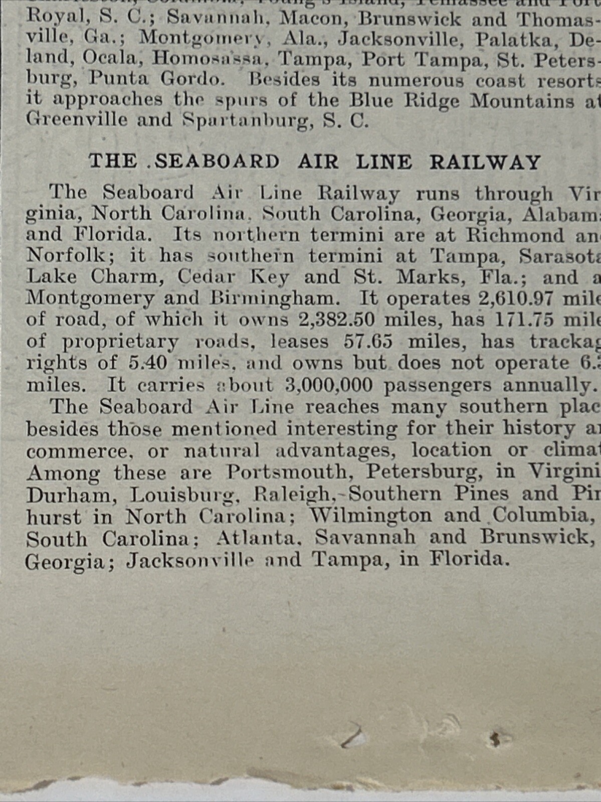 Antique 1908 Map Atlantic Coast & Seaboard Air Line Railroads Systems 11×15 Inch