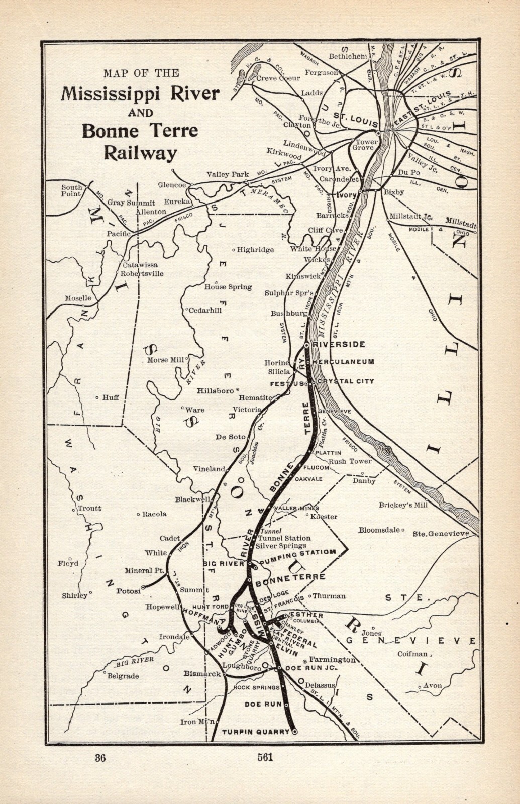 1908 Antique Mississippi River and Bonne Terre Railway Map Railroad Map #1940