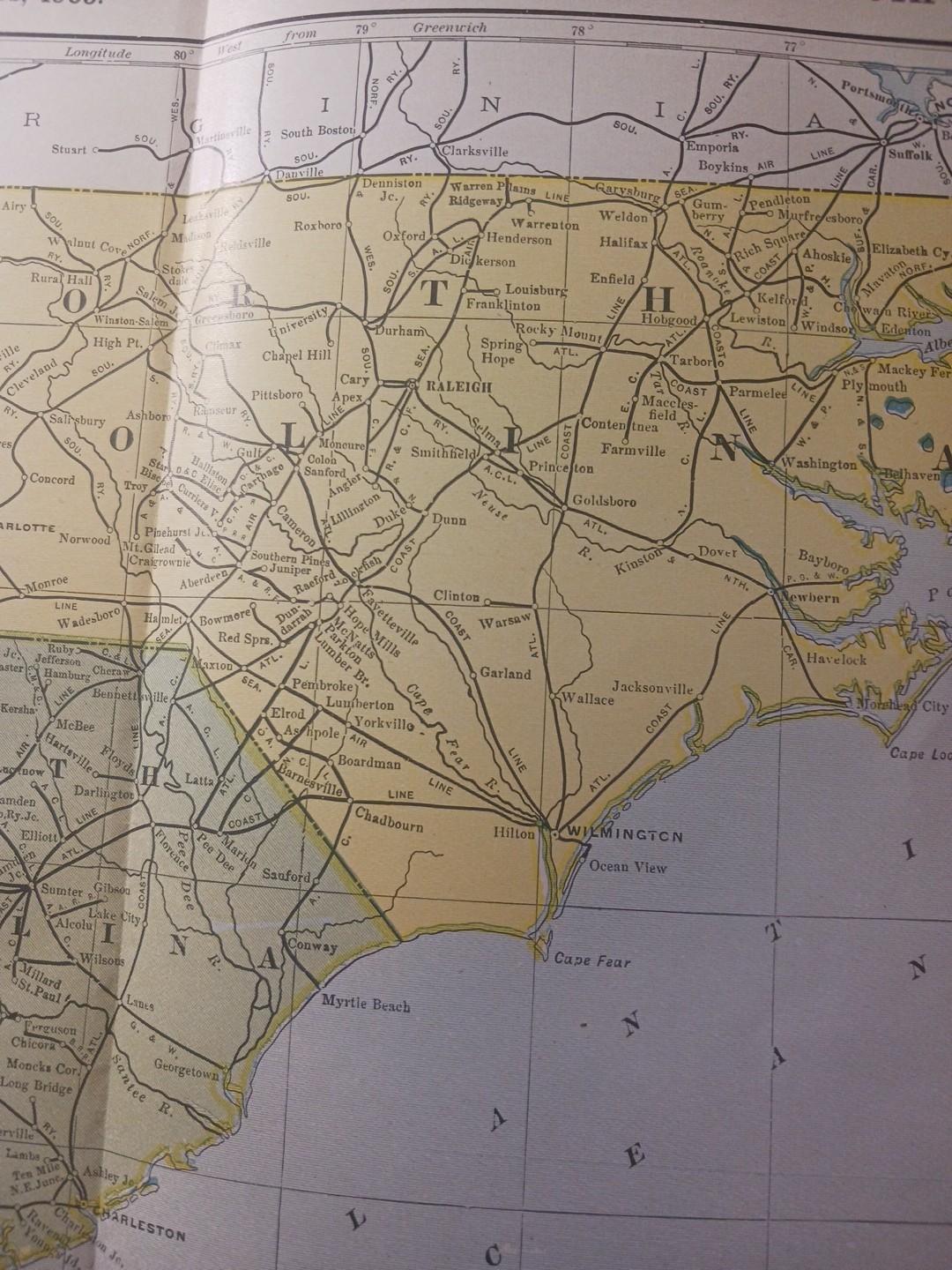 1905 Train Route Map North & South Carolina ALL old Railroad Lines Towns 11×9″