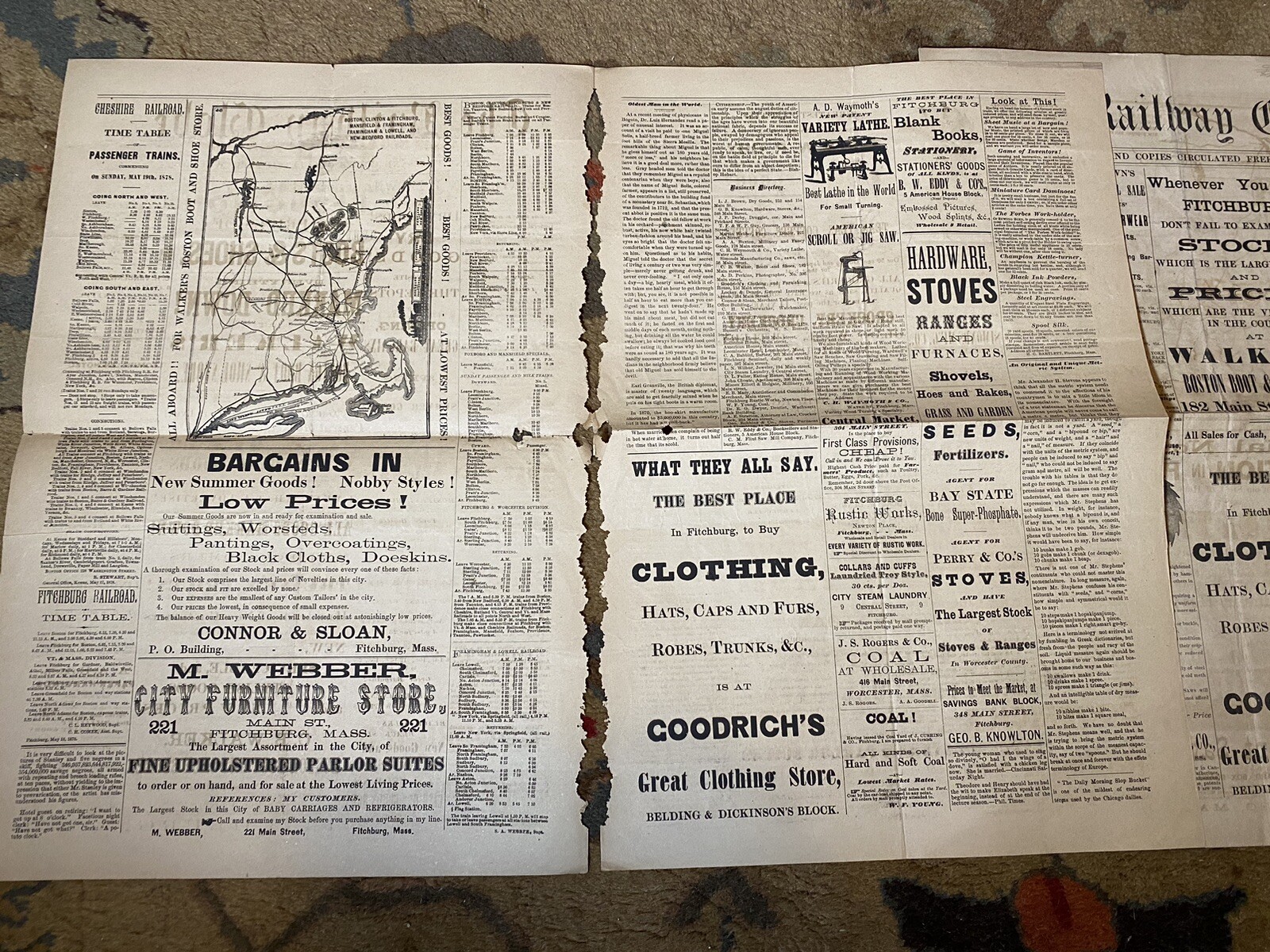 Antique 1878 The Railway Globe Newspapers Lot Fitchburg MA Old 1870’s Train Map