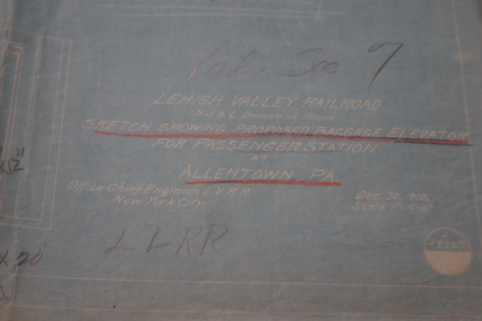 LVRR Sketch Baggage Elevator for Passenger Station Allentown, Pa 1908