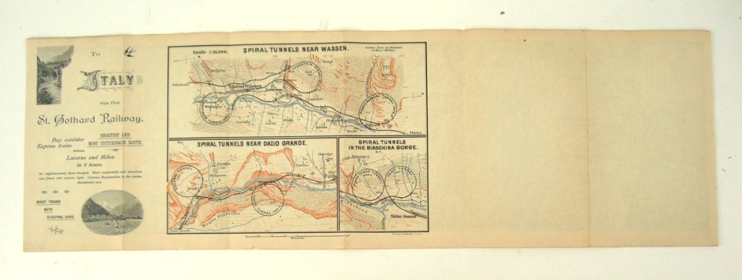 Original Antique Leaflet Map St Gothard Railway Switzerland To Italy c1890/ 1900