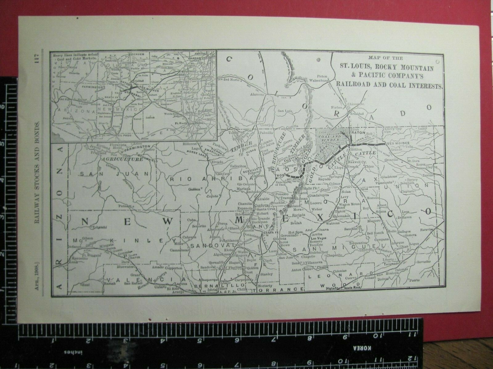 ORIG 1908 ST LOUIS ROCKY MOUNTAIN & PACIFIC RAILROAD SYSTEM MAP in NEW MEXICO