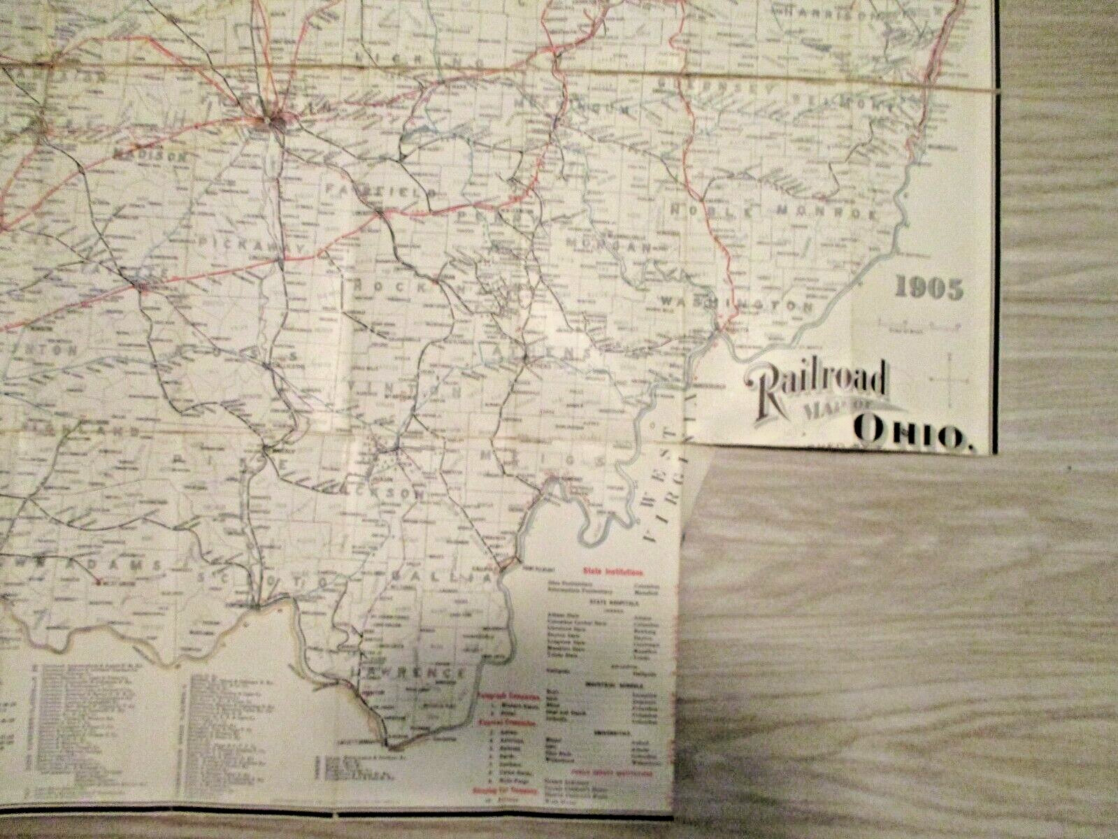 Ohio Railway map linen backing vintage 1905 train transportation collectible