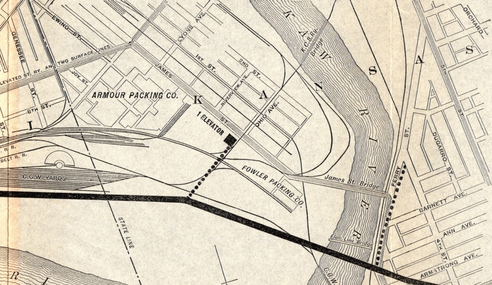 1908 Antique Kansas City Viaduct & Terminal Railway Map 1264