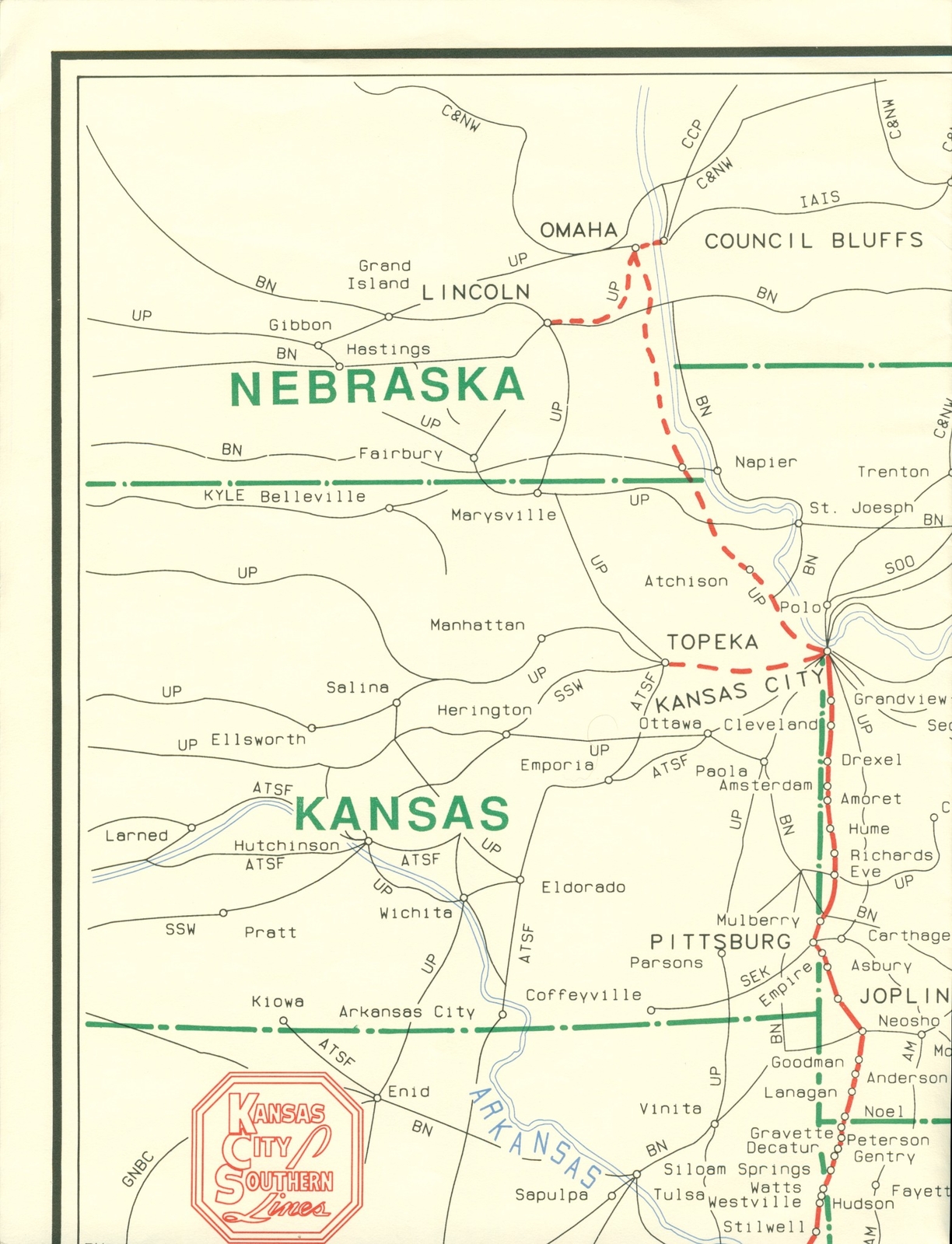 1991 Kansa City Southern Lines Railroad Route Wall Map Station Track Lines Train