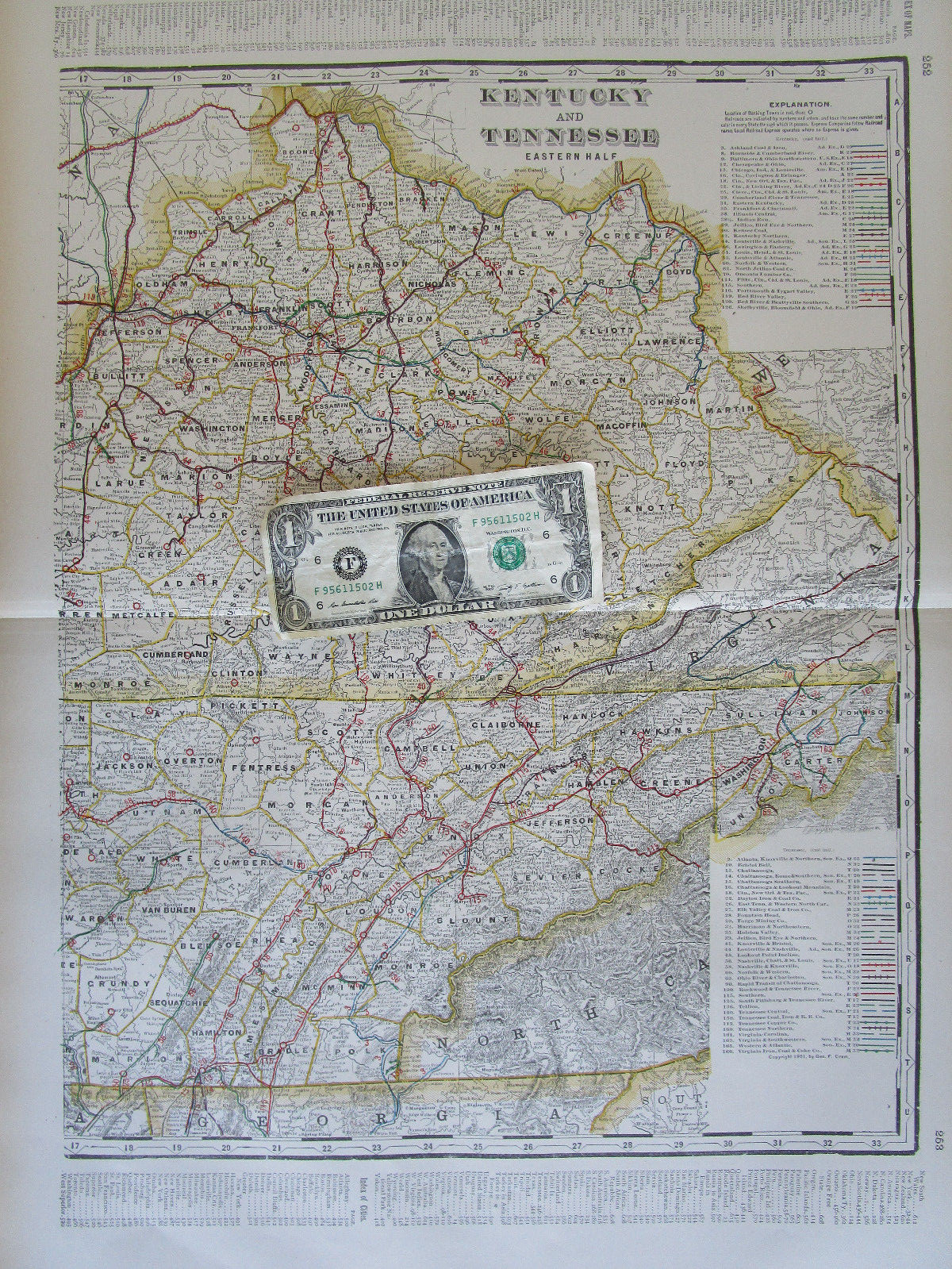 KY TN 1901 EASTERN KENTUCKY & TENNESSEE Cram RAILROAD Map CHATTANOOGA LOOKOUT MT