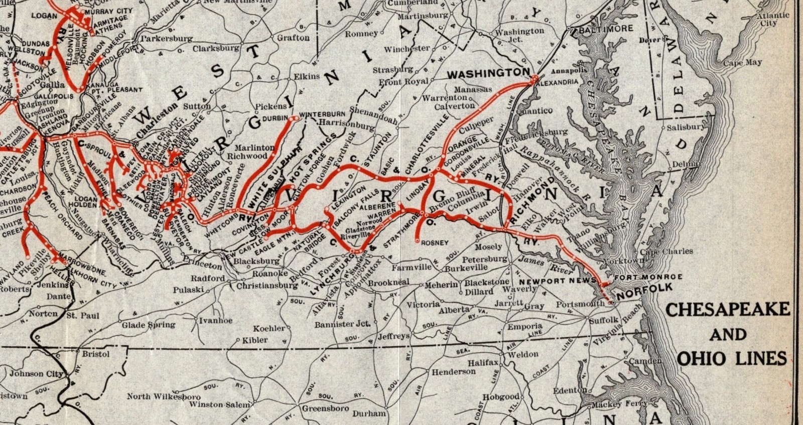 1917 Antique CHESAPEAKE & OHIO Railroad Map Vintage C & O Railway Map 2565