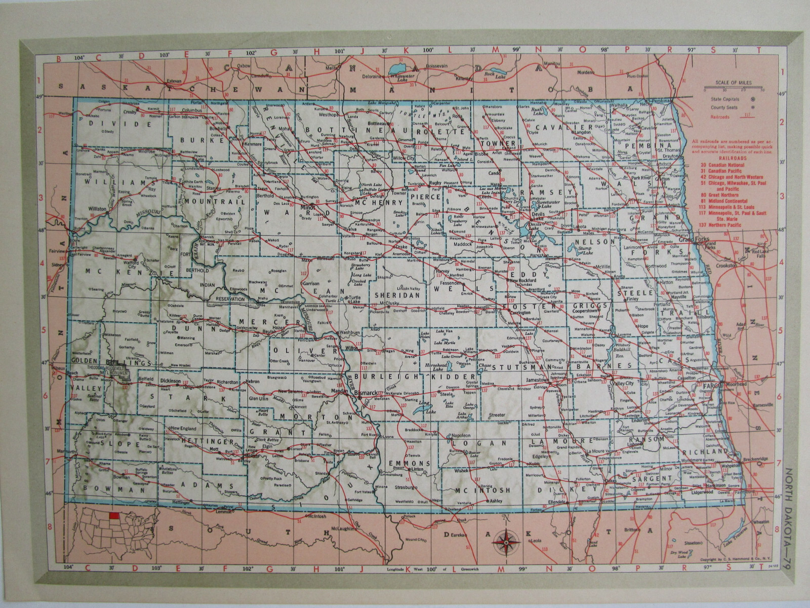 ND OH 1951 NORTH DAKOTA RAILROAD MAP. SOO, C&NW, GN or OHIO 1950s C&O, NKP, W&LE