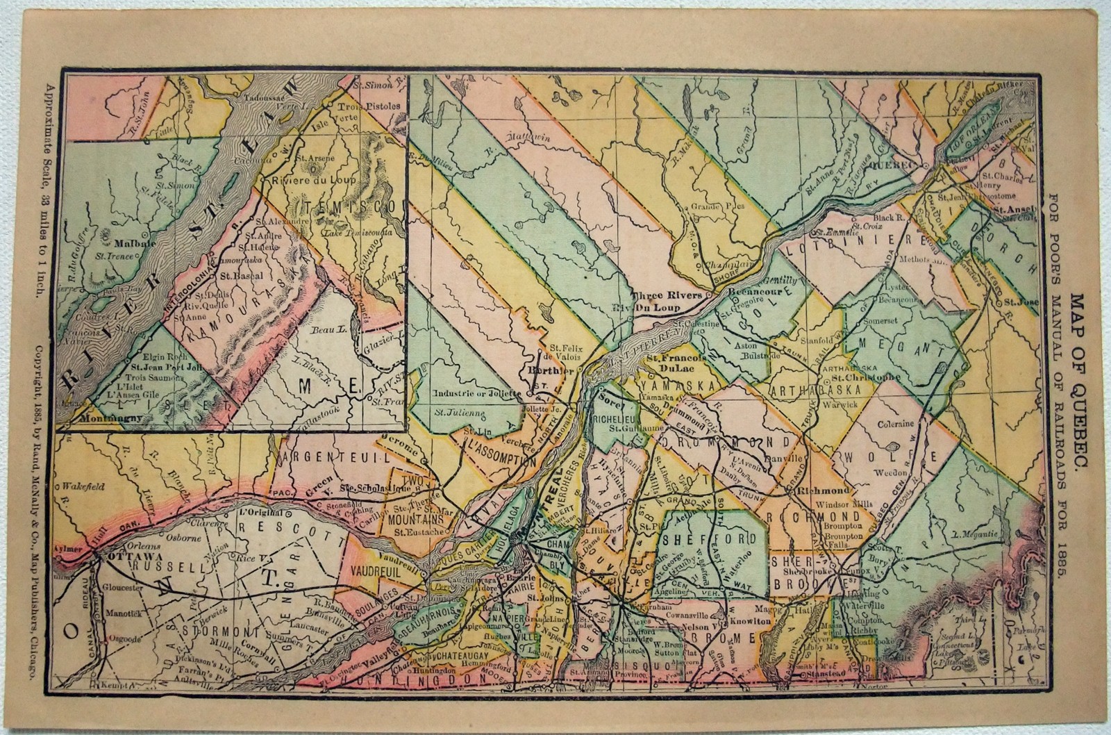 Original 1885 Railroad Map of Quebec, Canada by Rand McNally. Antique